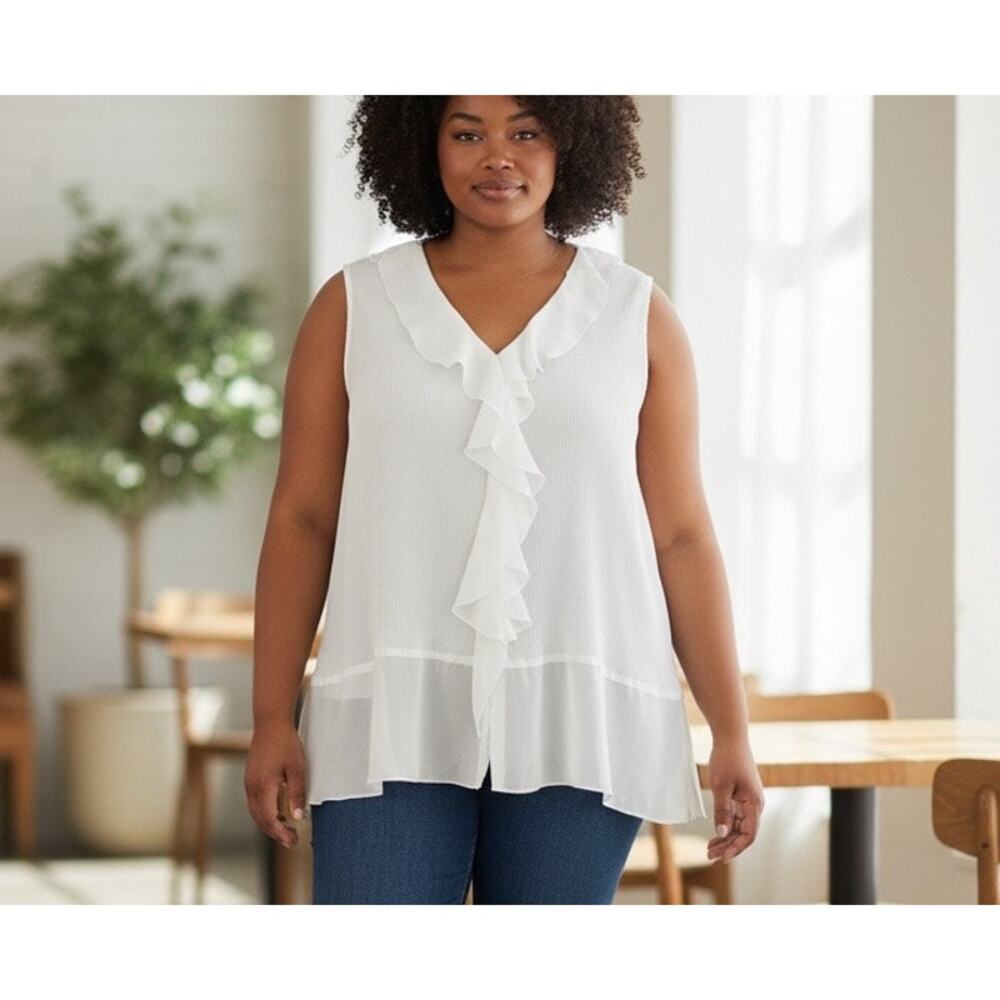 Ashley Stewart Top SZ 24 White Ruffles Crepe Sleeveless Sheer Ruffles Upscale